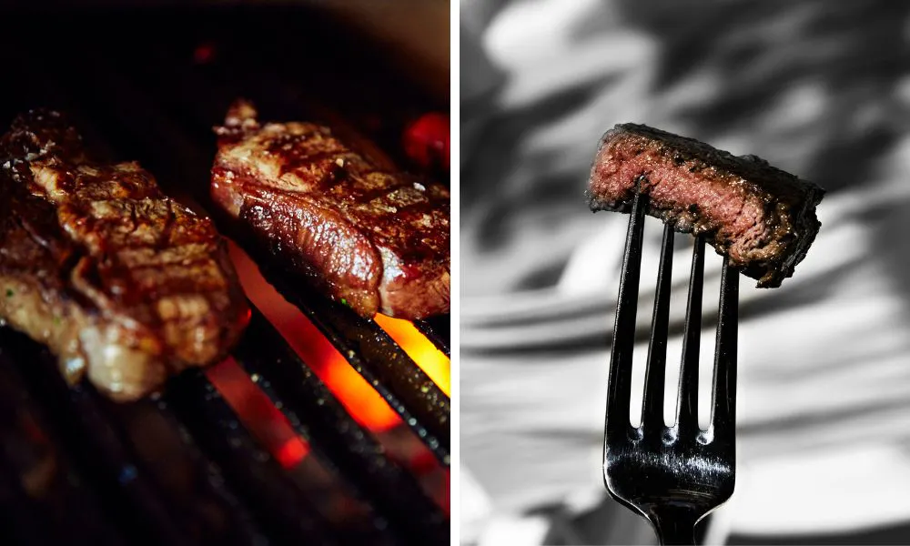steak on a grill, and a piece of steak on a fork