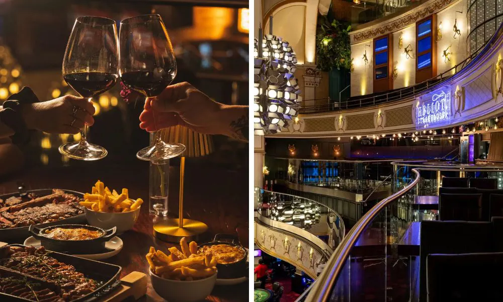 people cheersing red wine and eating steak, casino interiors
