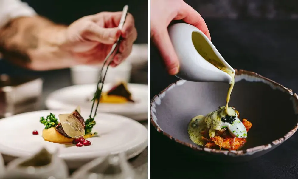 a chef putting the final touches on a dish, and pouring a sauce over another dish