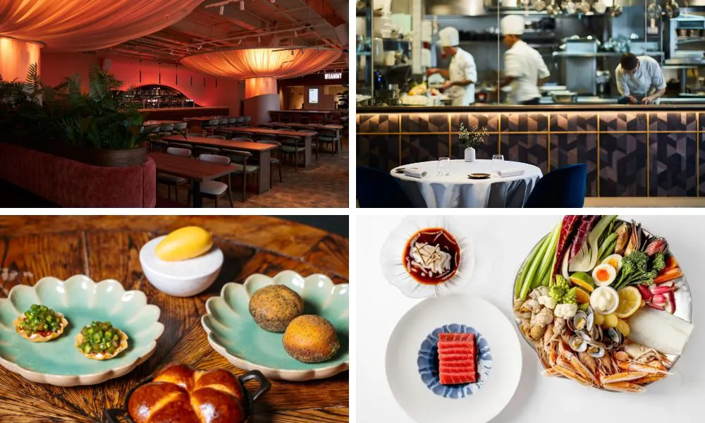 four images of restaurant interiors and dishes on a table