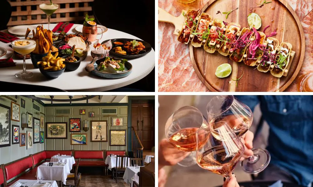 four restaurant images featuring tacos, interiors, and glasses of wine