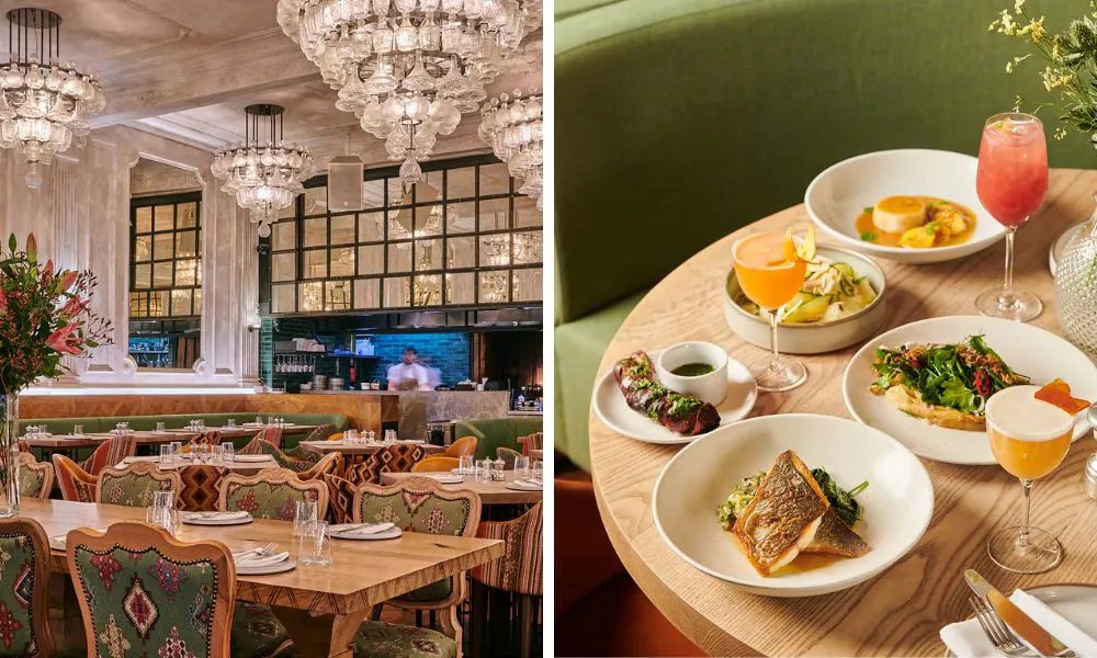 elegant restaurant interiors and a selection of dishes on a table