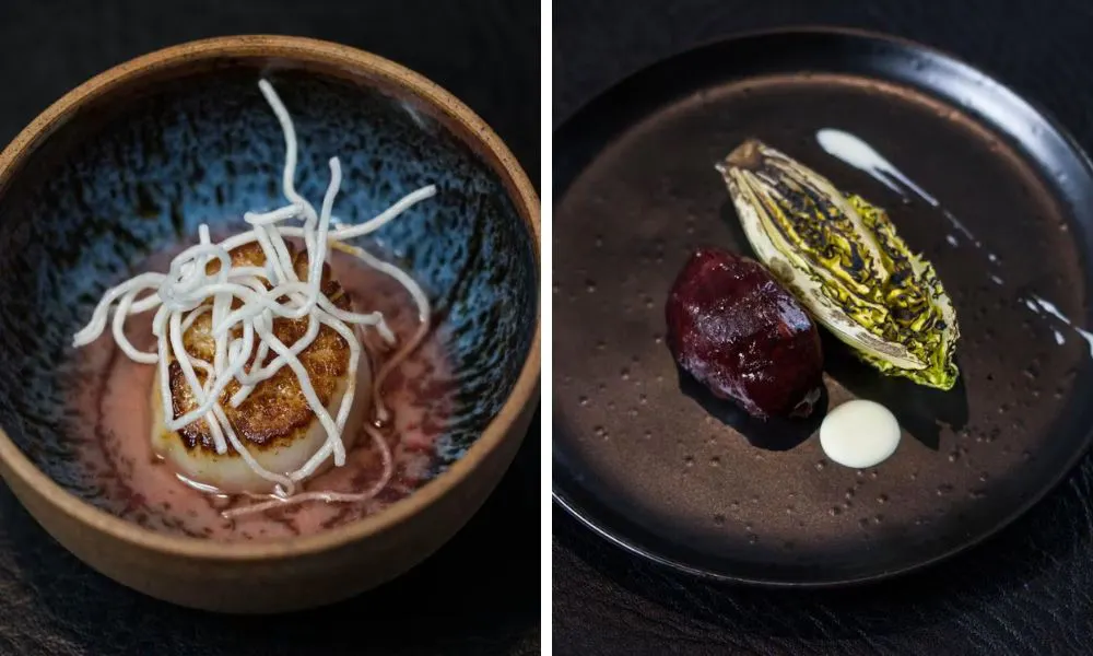 scallop in sauce and burnt cabbage with jelly