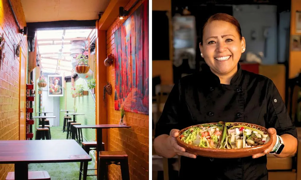 outdoor dining area in mexican restaurant and owner holding enchiladas