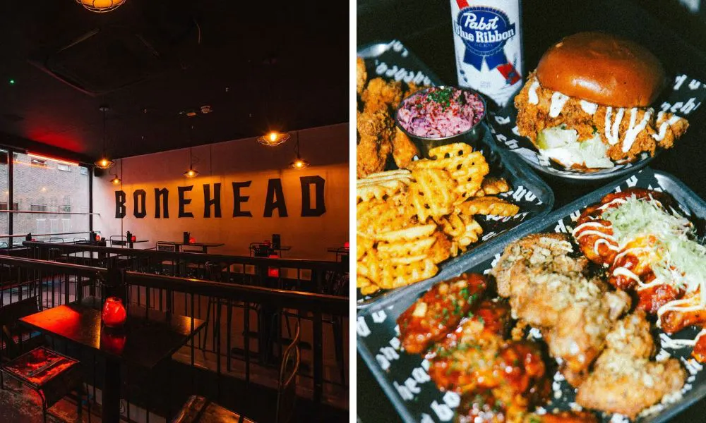 burger restaurant and metal tray with fried chicken burger and waffle fries