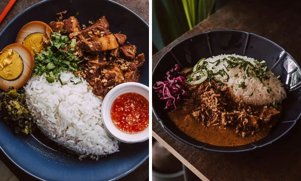 tahi rice with soy egg and pulled beef and red cabbage