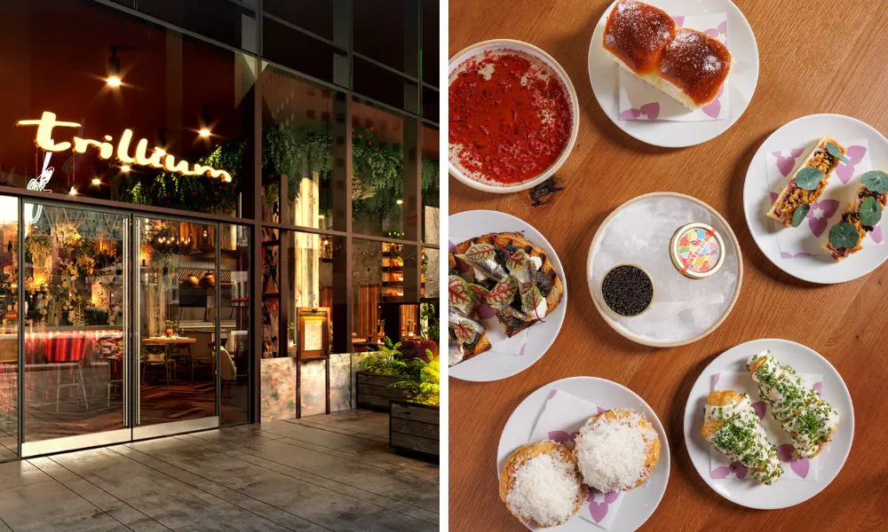 exterior of restaurant and selection of small plates including caviar and milk buns