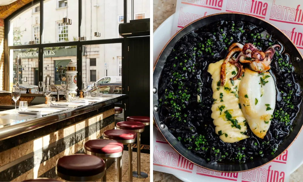 counter seating at Barrafina and squid ink fideya