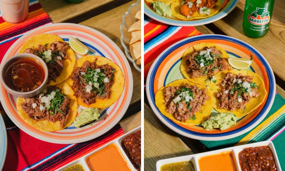 two plates of corn tacos with shredded meat