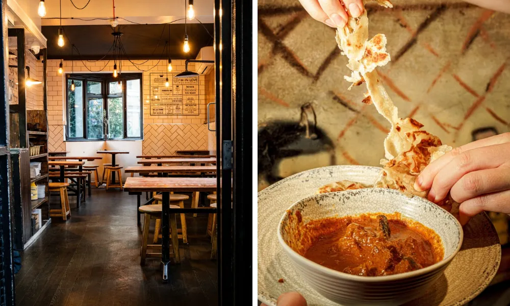 flakey roti and curry, and a casual restaurant dining room