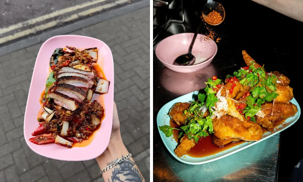 bright pink plate with pork belly, and chicken wings
