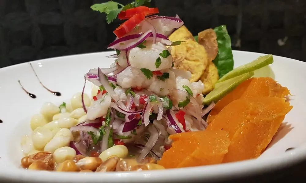 Peruvian dish with heritage corn, and red onion
