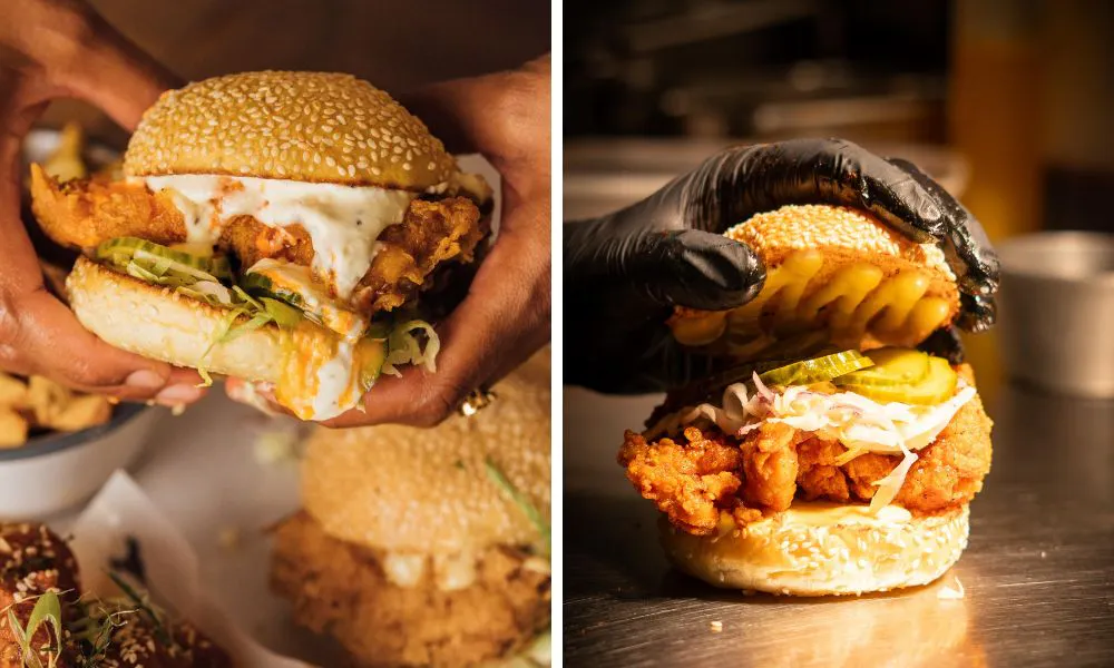 fried chicken burger with sauce and pickles