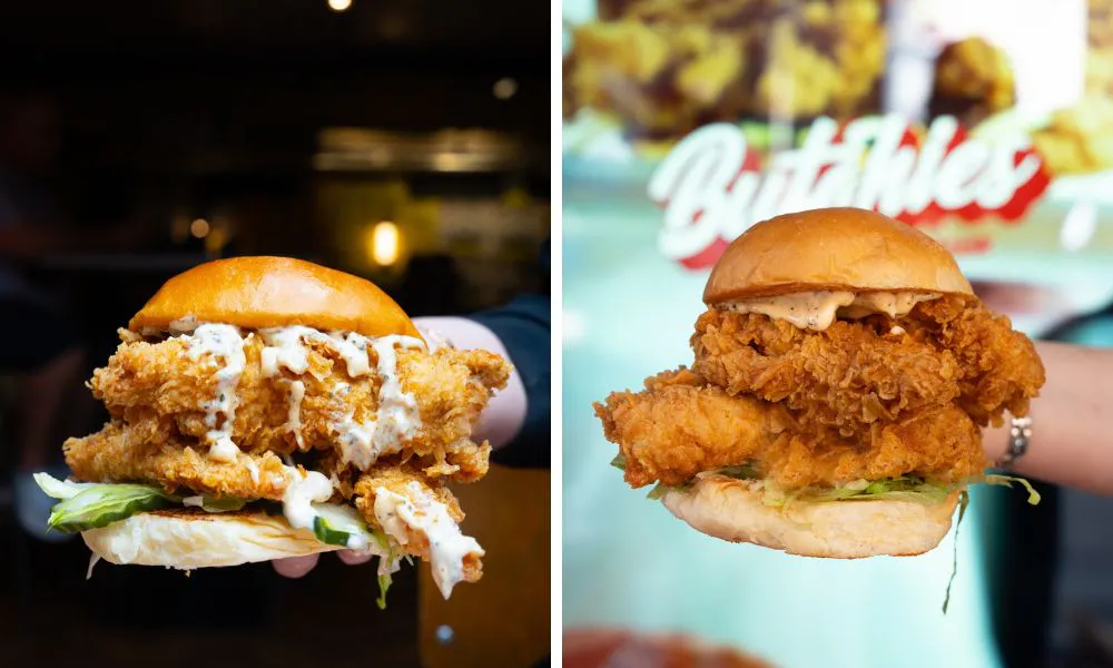 fried chicken burger with house sauce and lettuce