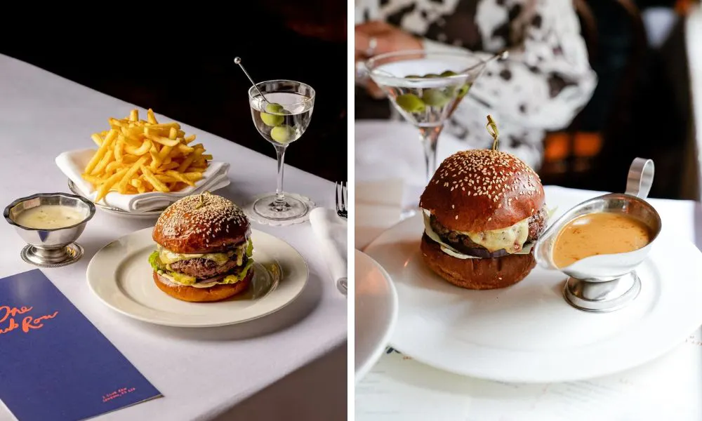 cheeseburger with skinny fries martini and gravy boat