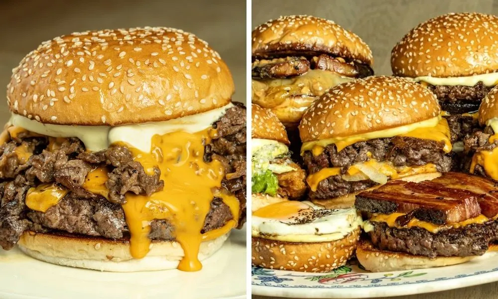 cheeseburgers stacked on top of each other