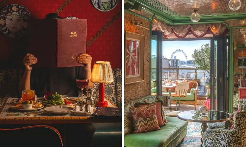 dark and moody dining room at Dear Jackie, and pastel-coloured rooftop