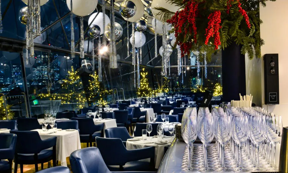 views of St Paul's from OXO Tower with glasses of prosecco for a new year's eve celebration