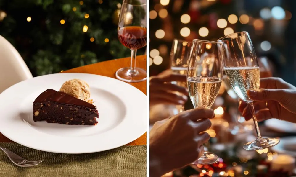 chocolate cake, and people drinking fizz