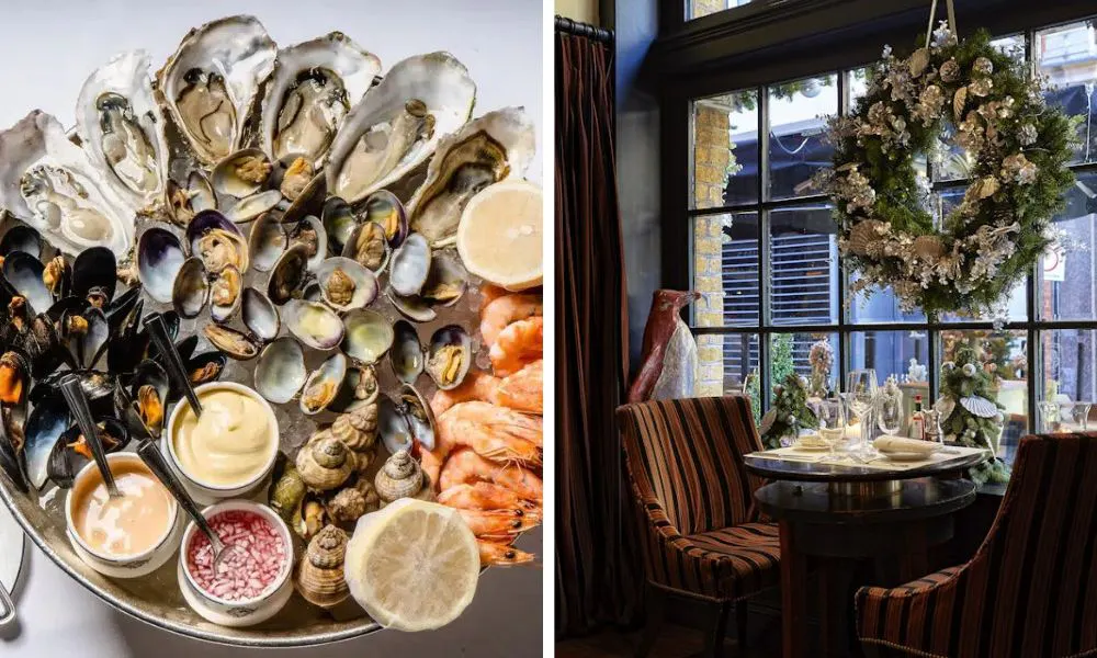 Seafood oyster platter and table with festive decor