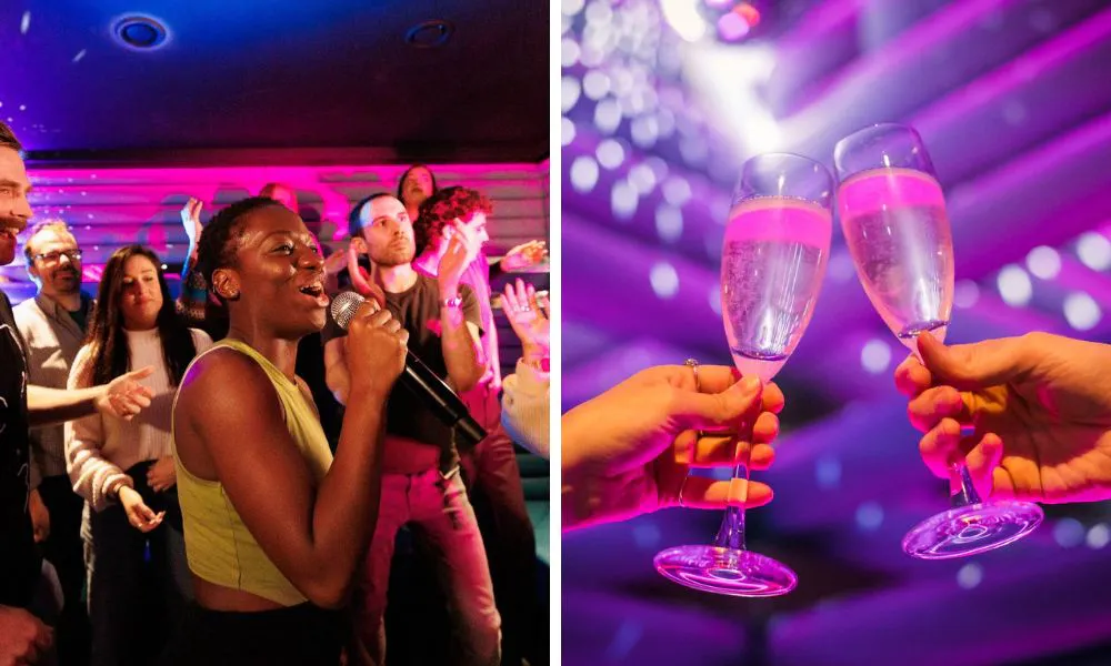 People doing karaoke and glasses of prosecco