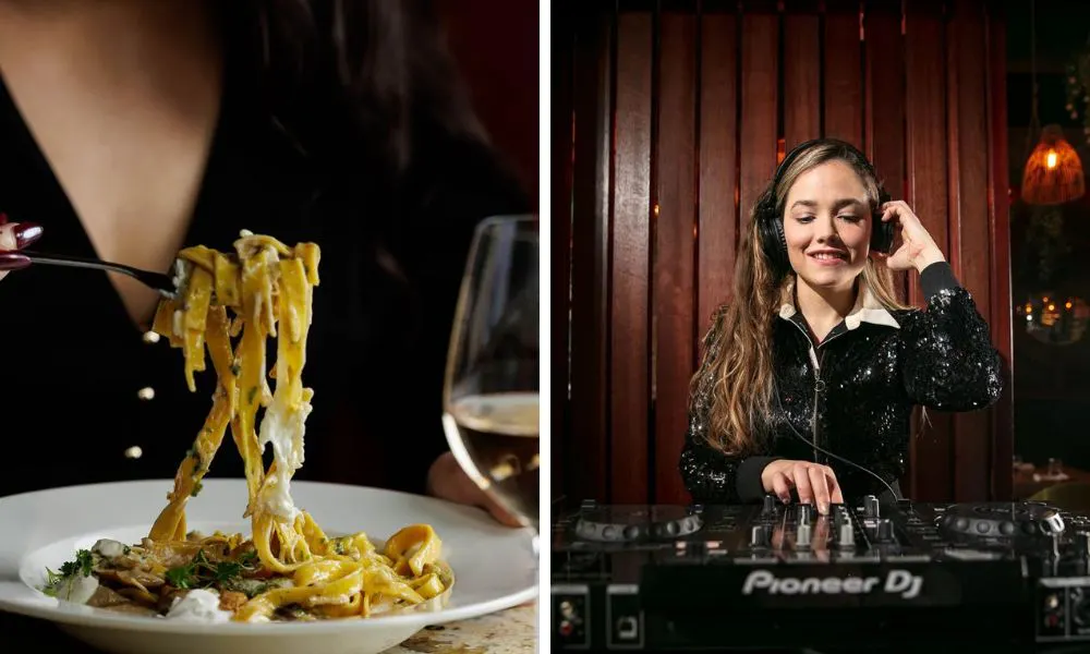 a bowl of tagliatelle and a DJ