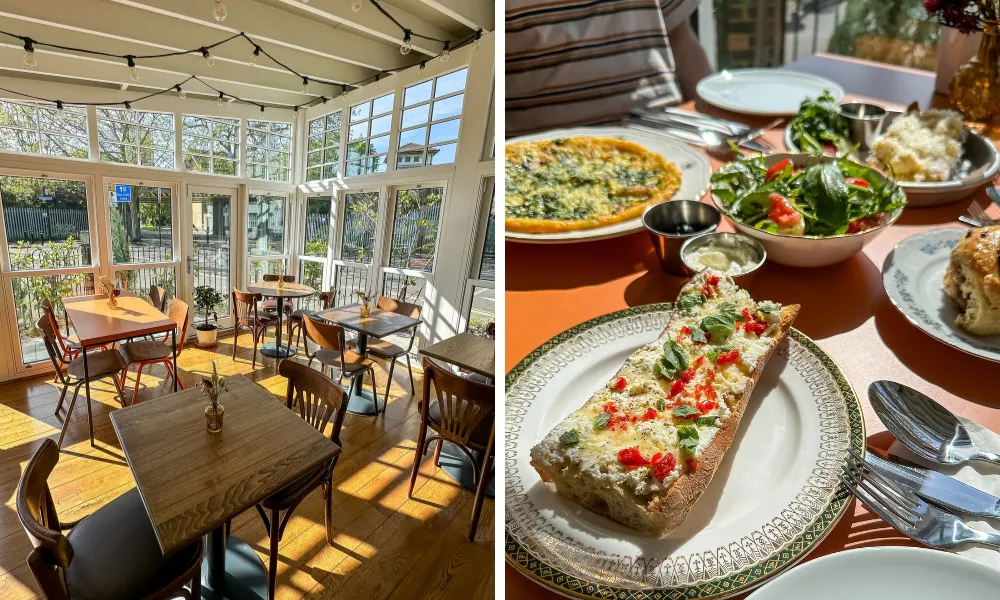 bright sunny cafe with table with bread and brunch