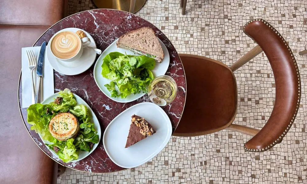 Overhead shot of table, chair and dishes
