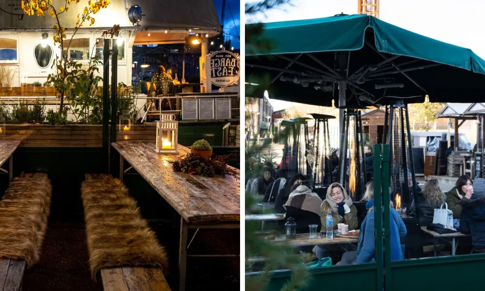 comfy bench seating at a winter barge restaurant