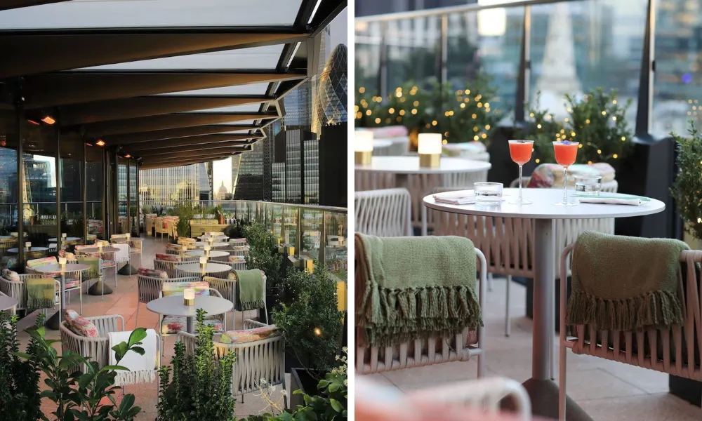 Cocktails on a rooftop terrace with blankets 