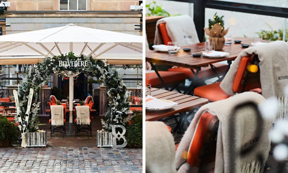 Blankets laid over orange chairs in a terrace restaurant