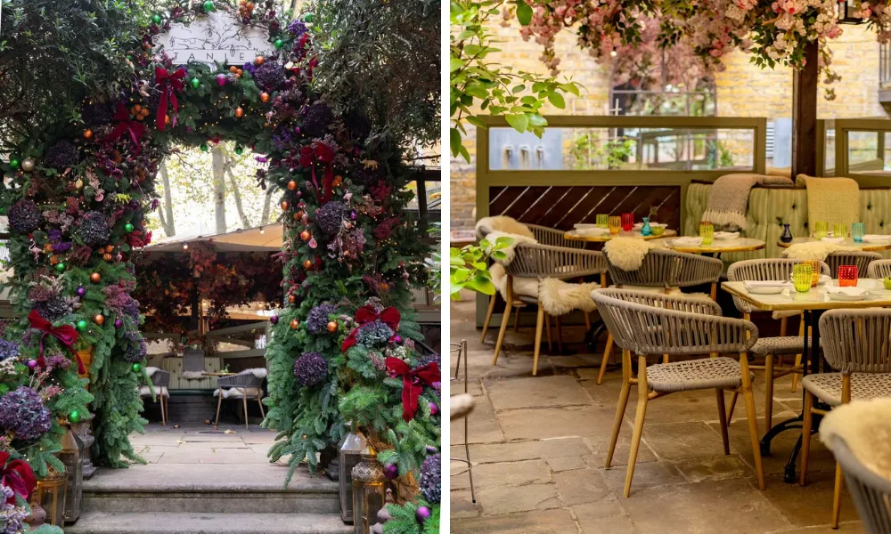 winter display arch and outdoor terrace with furs