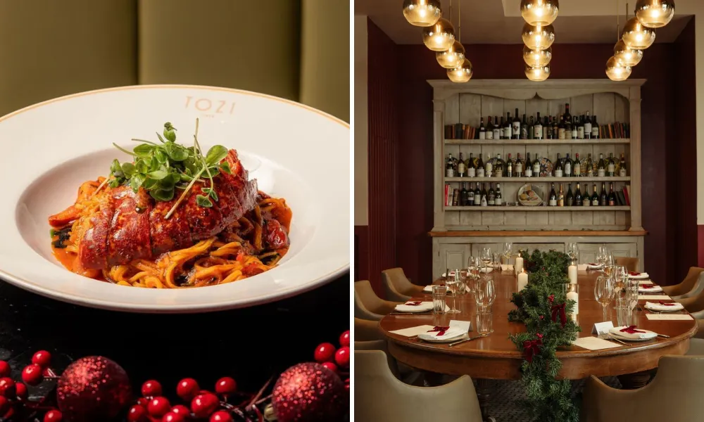 Christmas pasta dish and festive private room