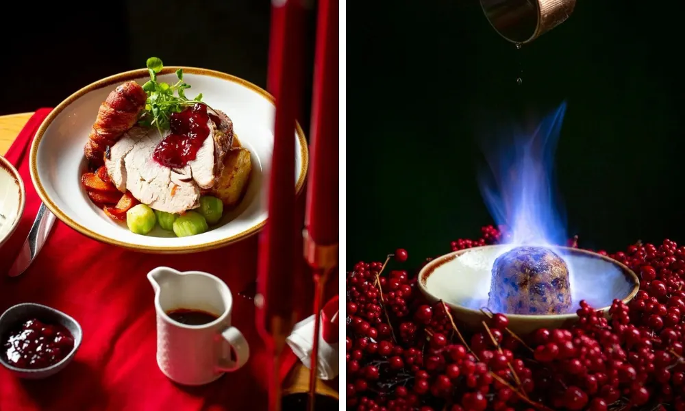 roast dinner with lamb shank and christmas pudding