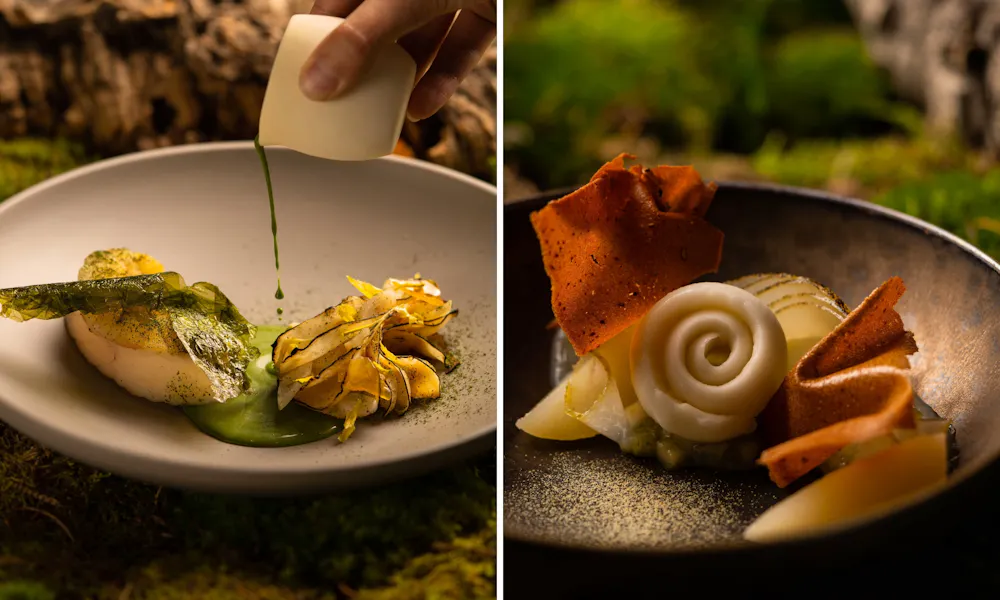 Two plates of food at Alain Ducasse at The Dorcheter