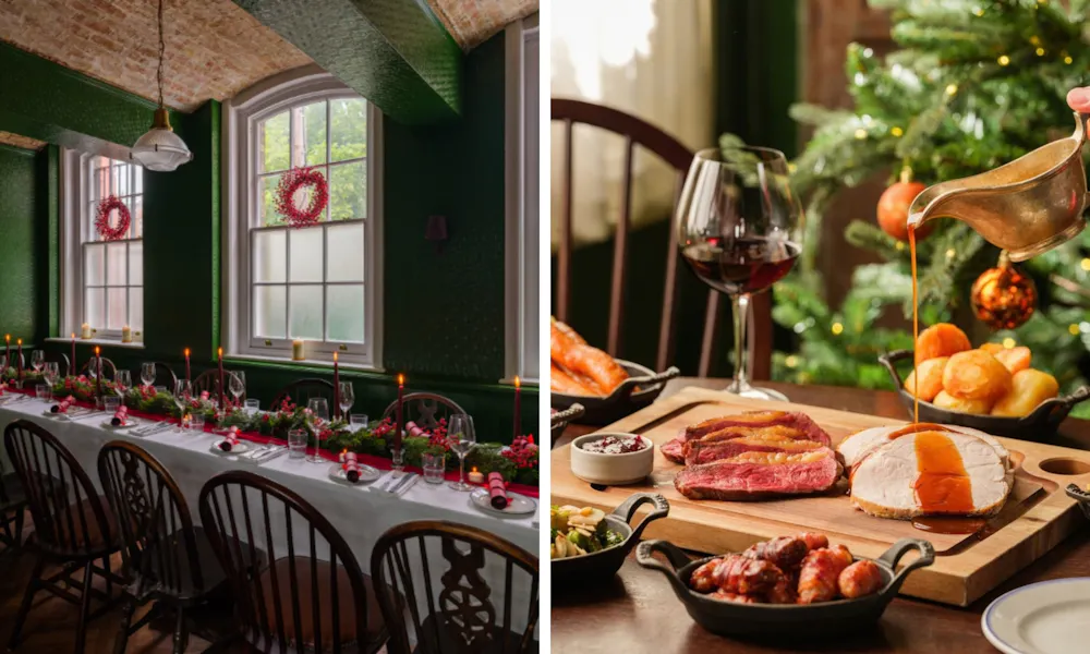 roast turkey crown on a board and Christmas table at the hound