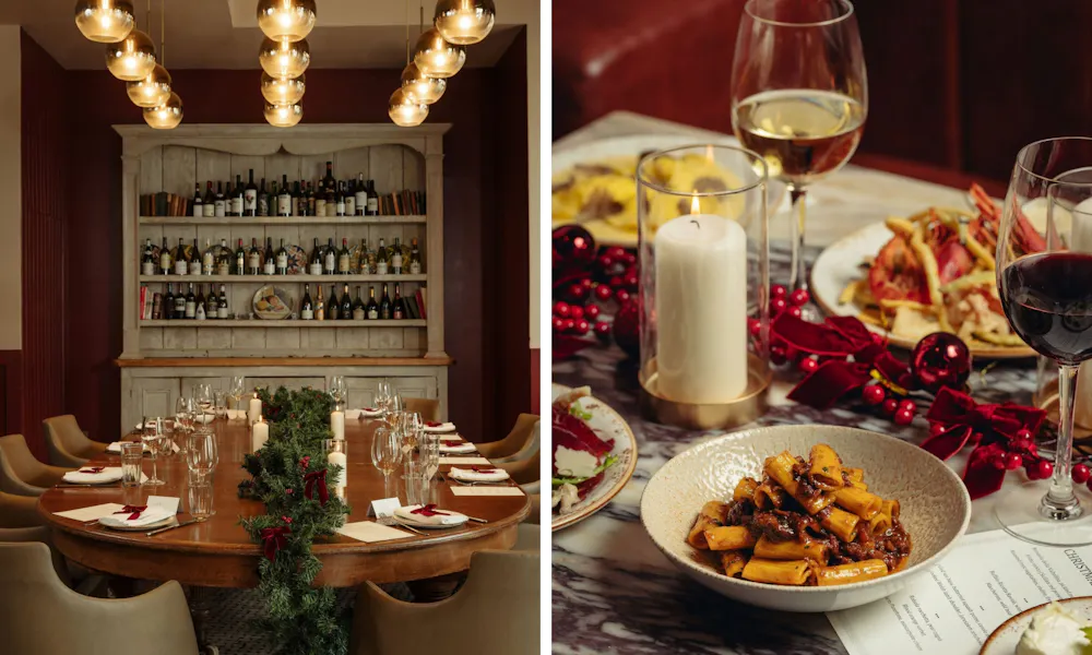 Christmas pasta dish and festive private room
