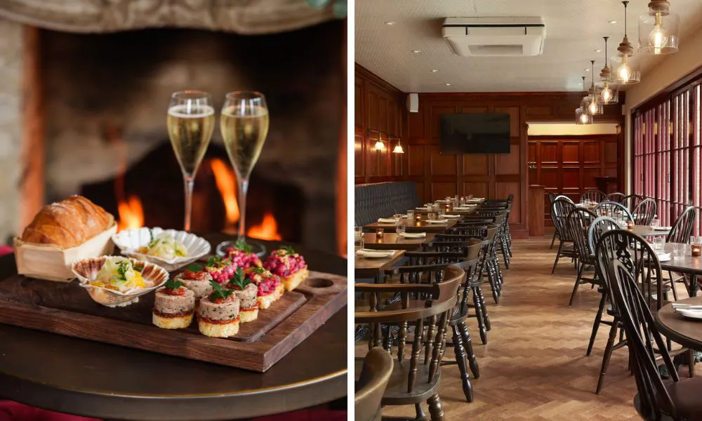 a platter of starters and glasses of fizz and a wood-paneled dining room