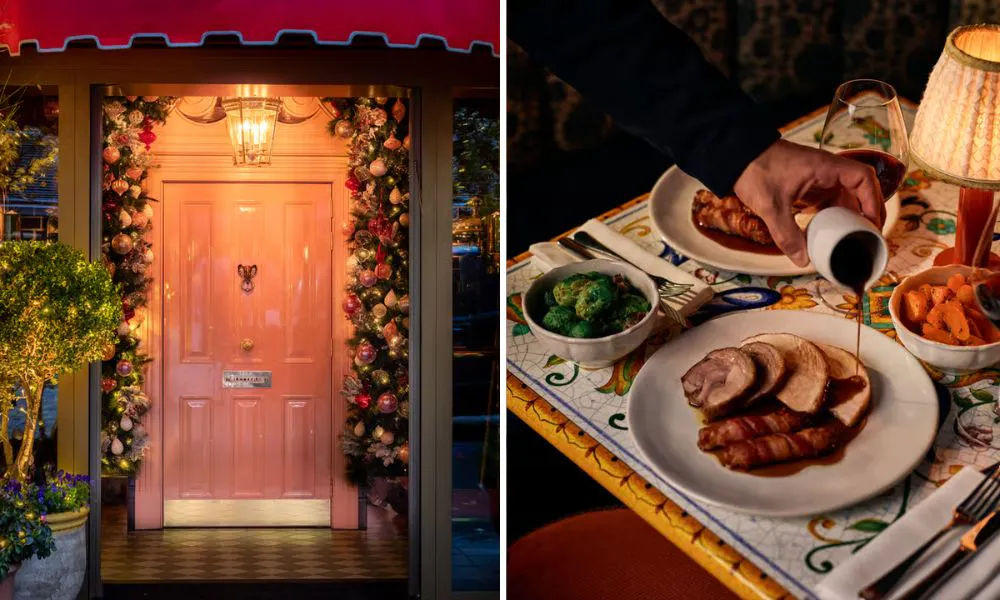 Festive decorated entrance and christmas dinner