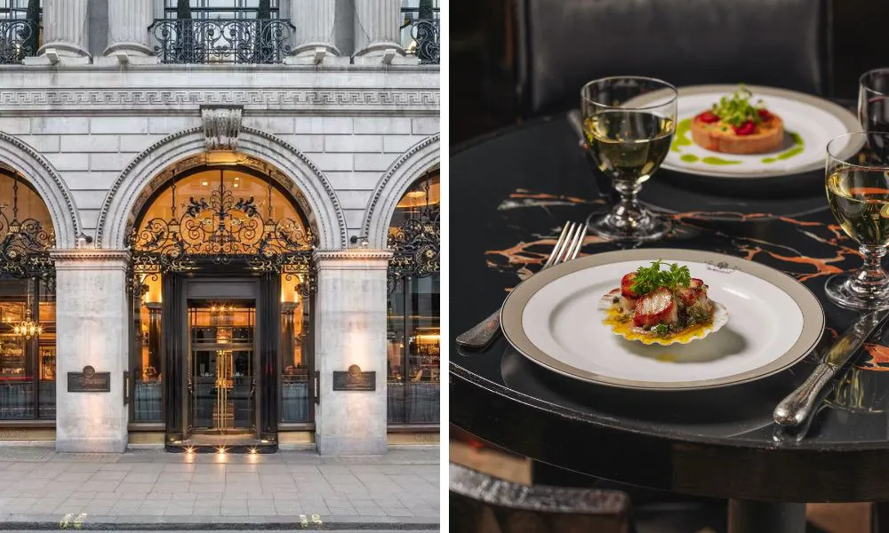 entrance of restaurant and scallops on shell