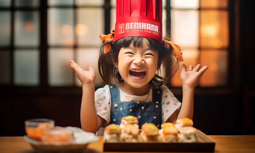 benihana kids menu and child with red benihana hat