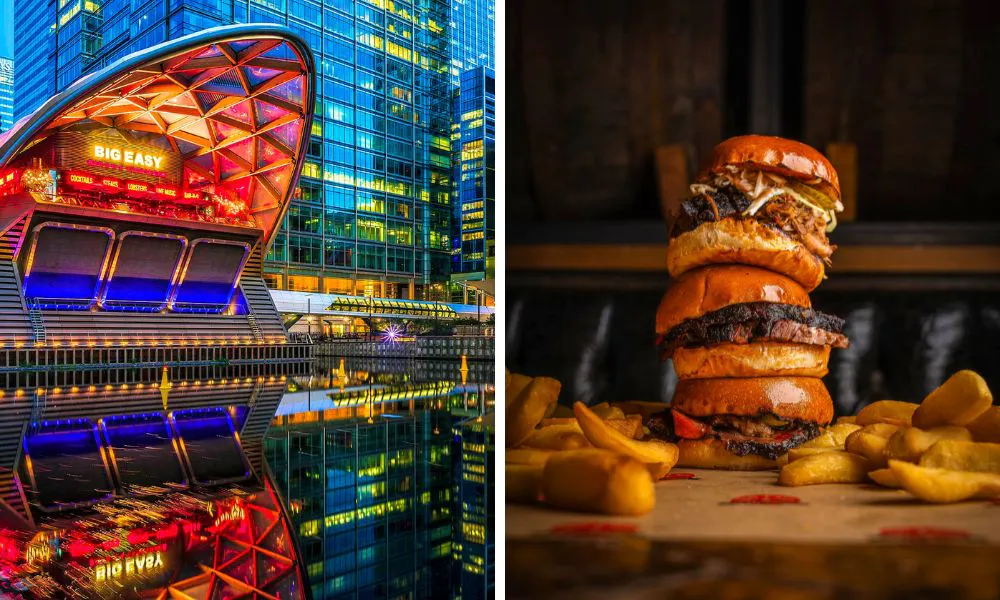 vibrant exteriors at Big Easy Canary Wharf (left), and a stack of burgers (right)