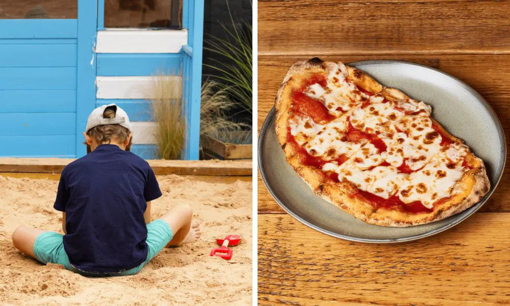 a child playing in the sand, and a pizzetta on a table