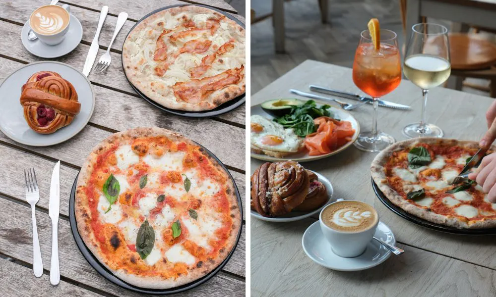 a table laid out with pizzas, pastries, and a selection of drinks