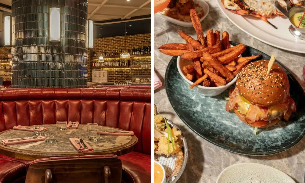 red booth in restaurant and bacon burger with sweet potato fries