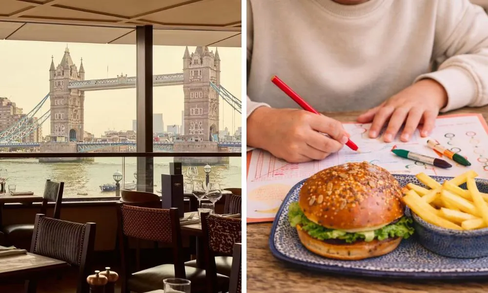 restaurant dining room with views of river thames and kids burger with chips