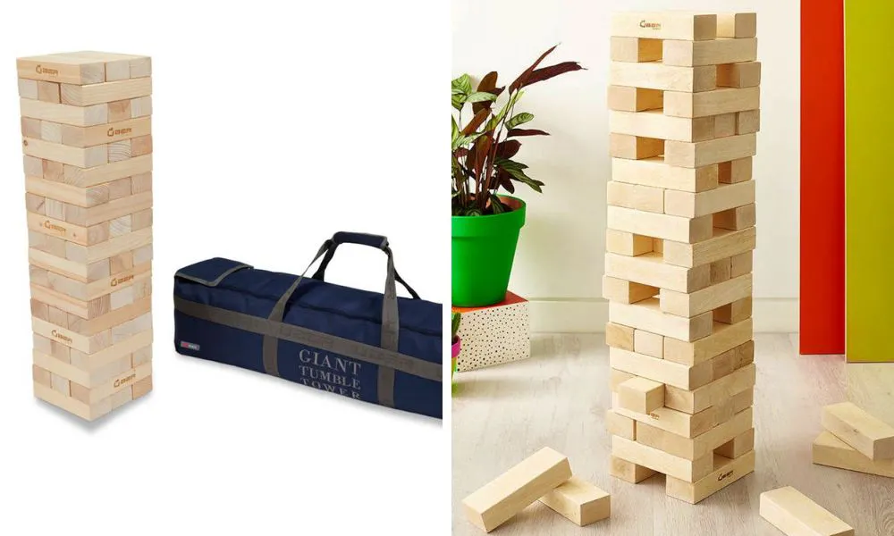 large jenga tower with duffel bag