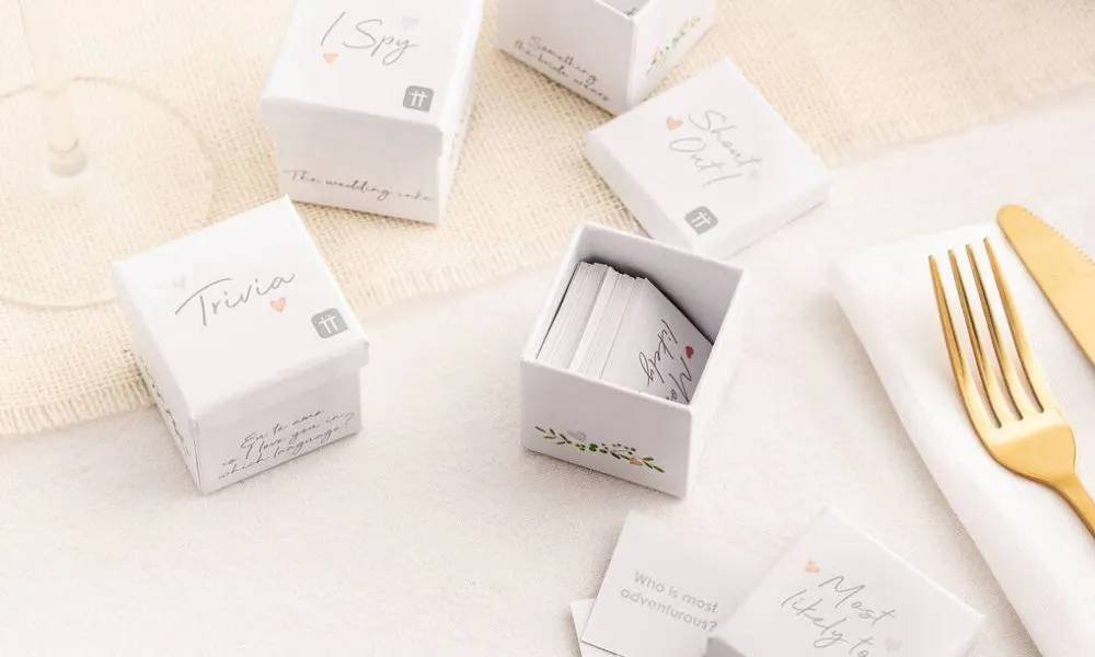 small white boxes filled with jokes and trivia