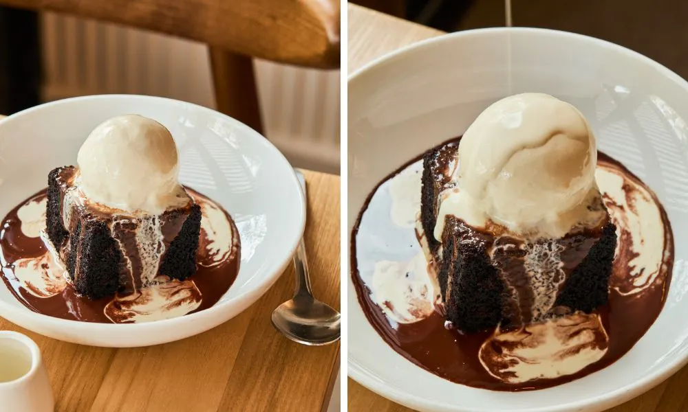 chocolate cake covered in cream and ice cream