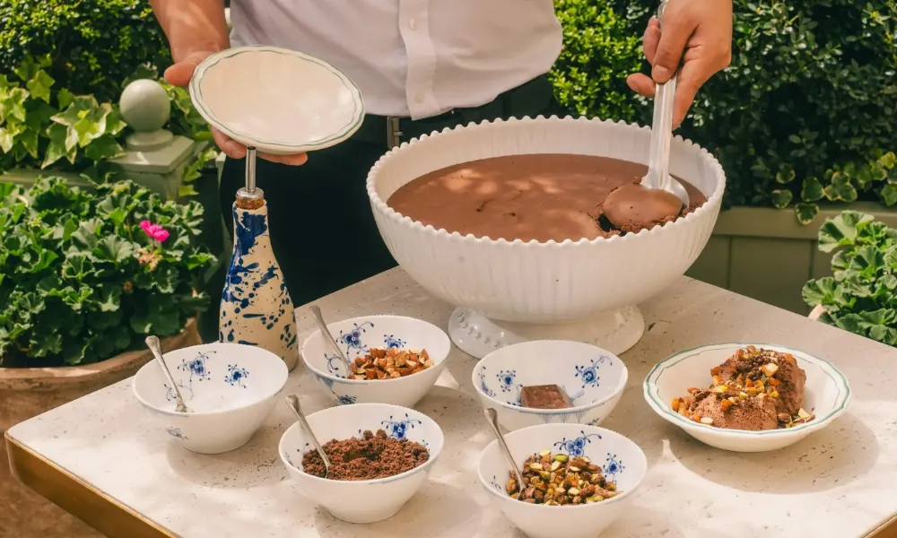 Big bowl of chocolate mousse with toppings